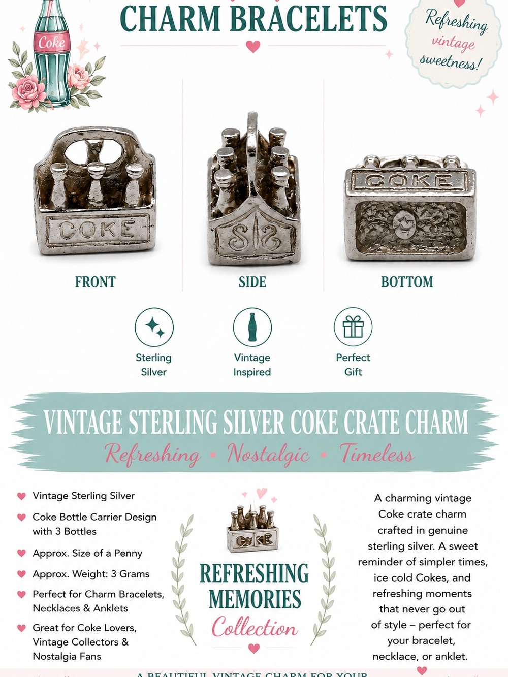Vintage Sterling Silver Coke Crate Charm - Silver